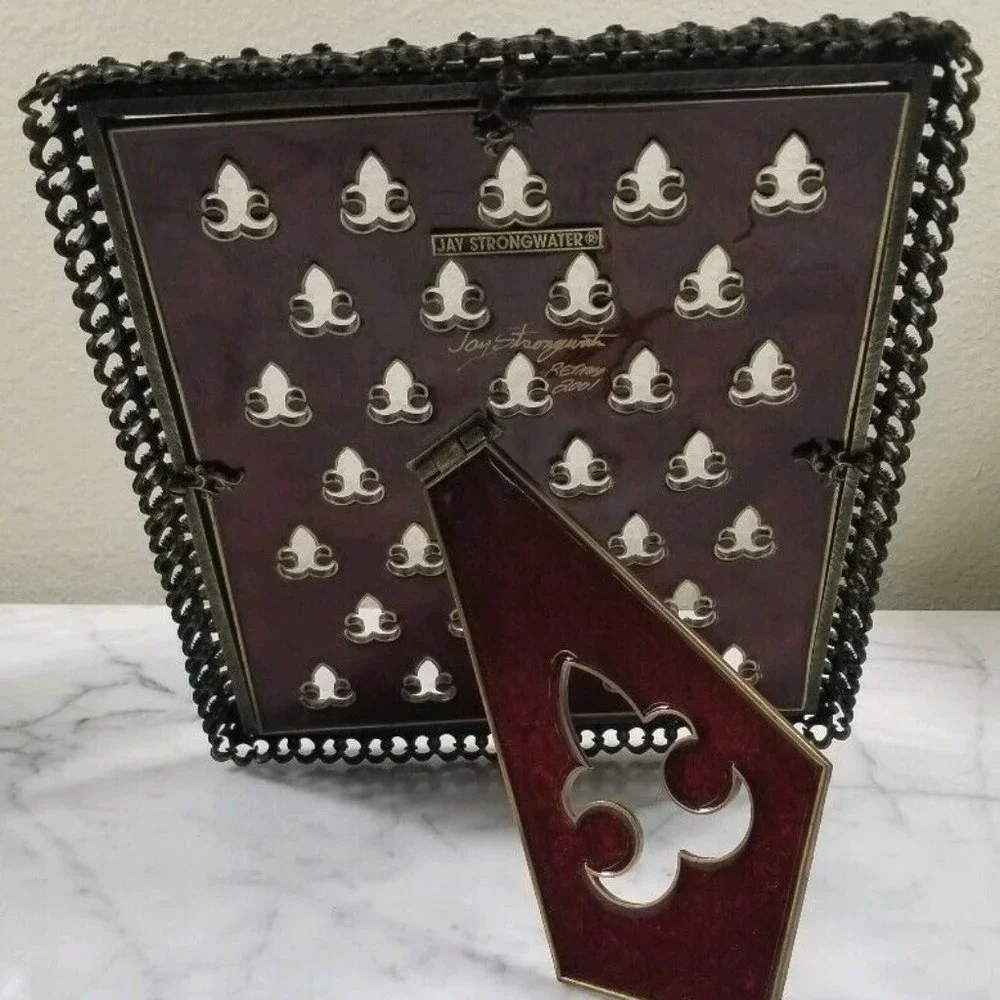 RARE SIGNED JAY STRONGWATER RED FLEUR DE LIS TIARA SCROLL CRYSTAL ENAMEL FRAME